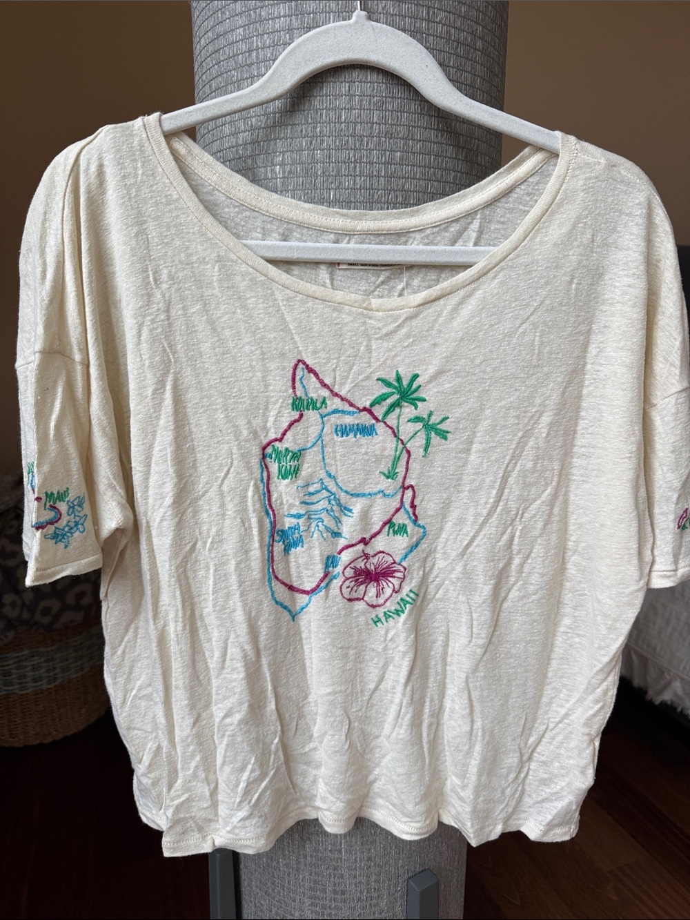 Free People Cream Short Sleeve Embroidered Hawaii Tee